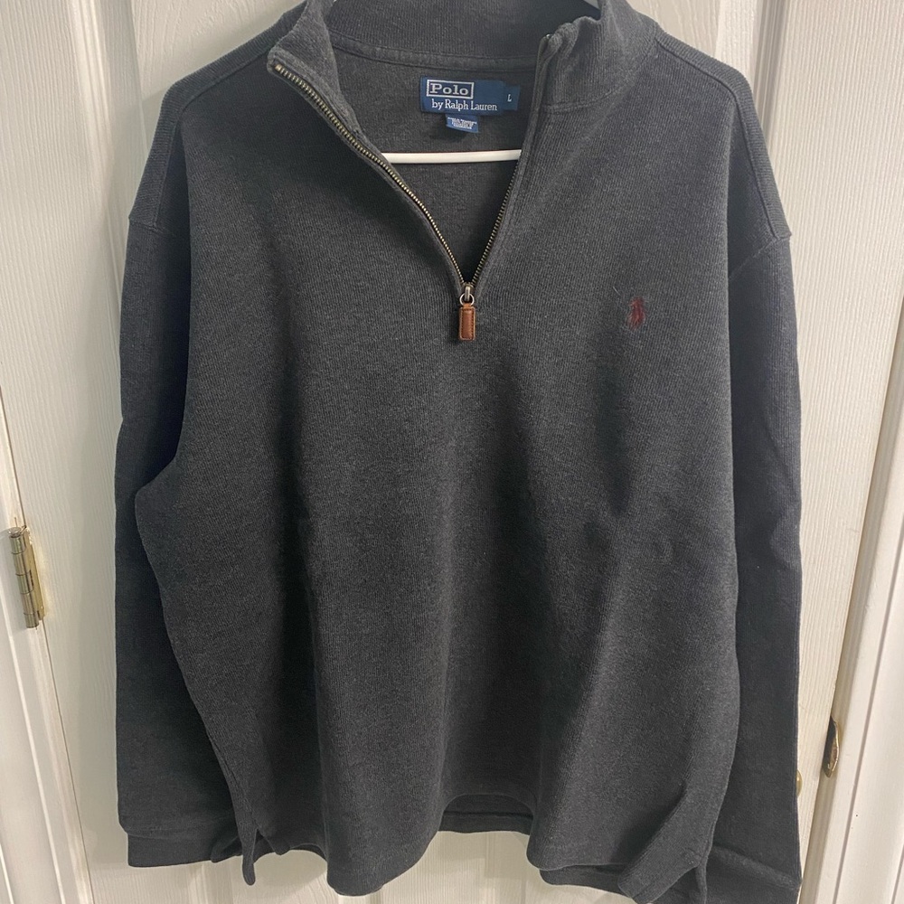 Ralph Lauren Men's Charcoal Half-Zip Sweater with Leather Pull